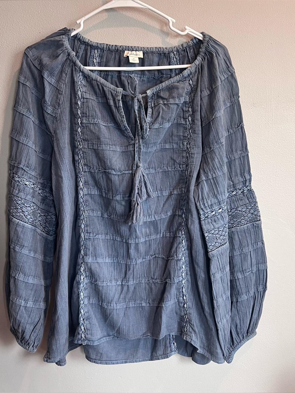 Sundance Peasant Blouse Blue Cotton Long Sleeve M